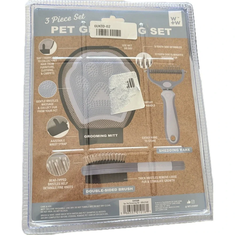 Wild & Woofy Dog Grooming Set Shedding Rake- Mitt- Double Sided Brush-3-Piece
